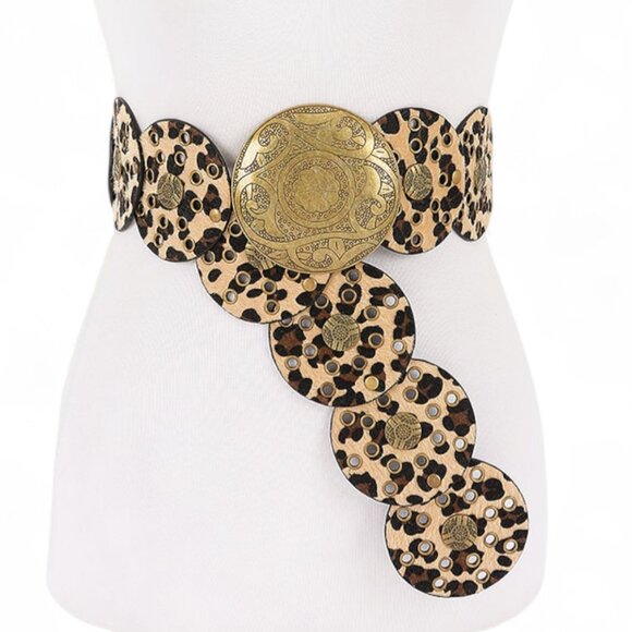 BNWT Leopard Print Hammered Studs Faux Leather Statement Western Belt Boho Belt - Picture 1 of 5